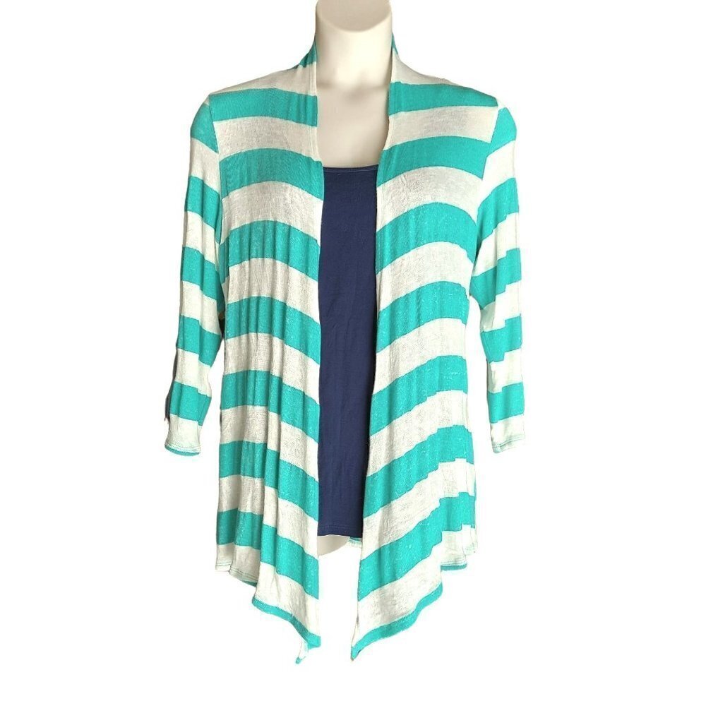 Chris & Carol Women's Plus Size Green & White Striped Open Front Cardigan